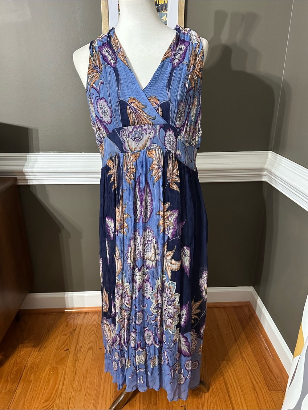 Soft Surroundings Blue and Navy Floral Wrap Maxi Dress